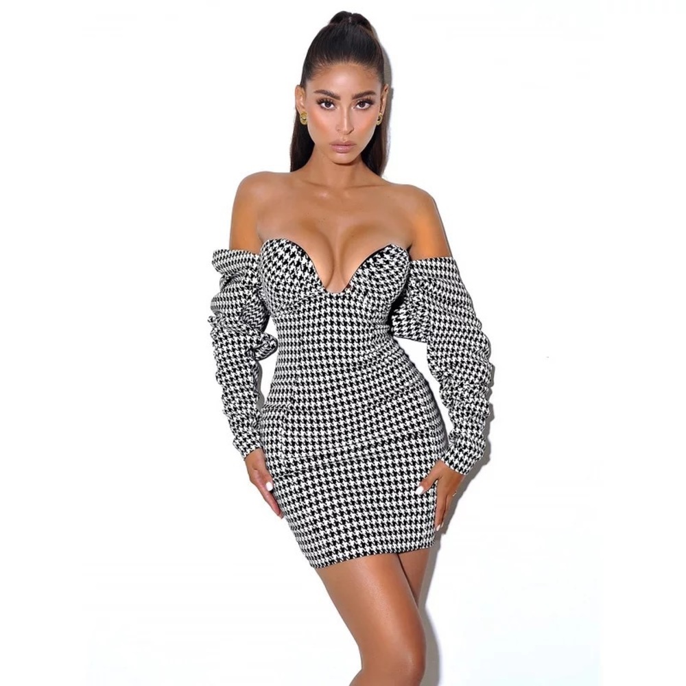 Off-Shoulder Houndstooth Mini Dress | Fall/Winter | Luxury Boutique – S M L - Picture 7 of 16